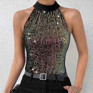 SHEIN Black Sequin Halter Top